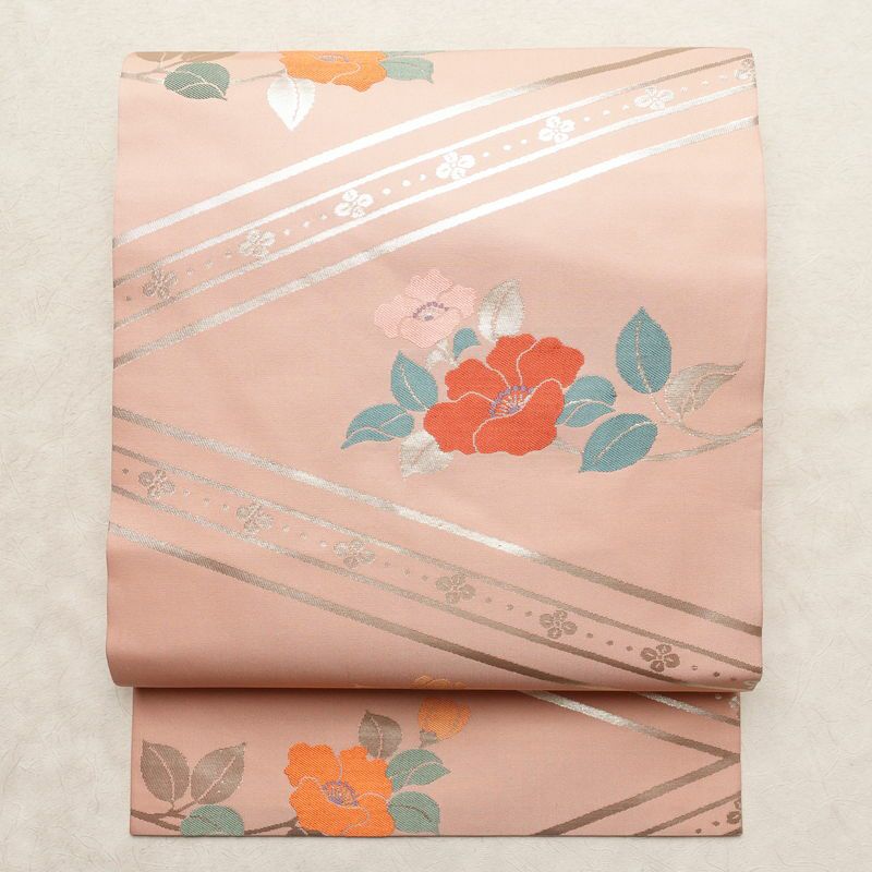 名古屋帯 六通柄 良品 正絹 花柄 名古屋仕立て なごや帯 リサイクル帯 帯 箔 ピンク_画像1