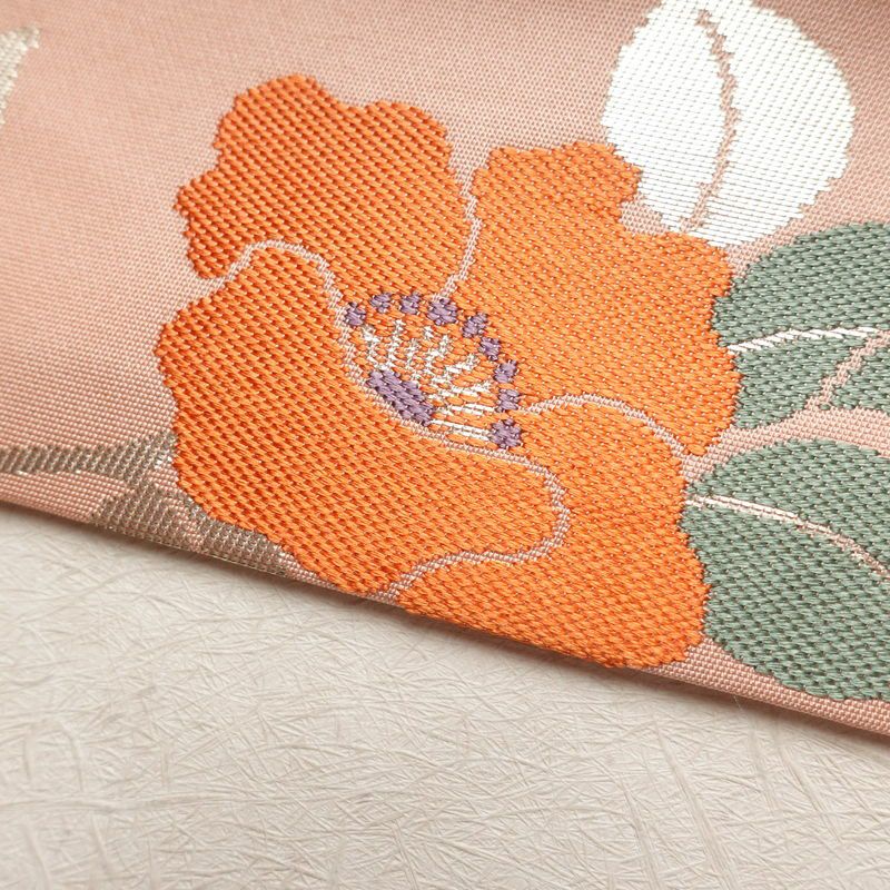 名古屋帯 六通柄 良品 正絹 花柄 名古屋仕立て なごや帯 リサイクル帯 帯 箔 ピンク_画像9