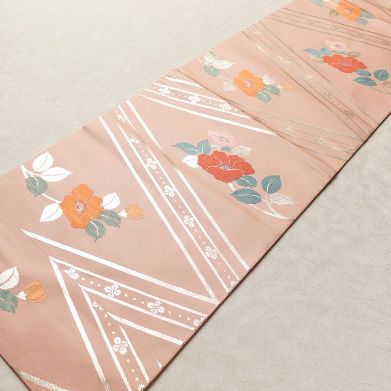 名古屋帯 六通柄 良品 正絹 花柄 名古屋仕立て なごや帯 リサイクル帯 帯 箔 ピンク_画像10