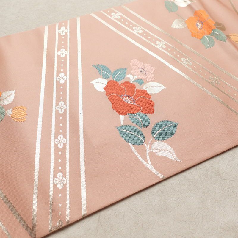 名古屋帯 六通柄 良品 正絹 花柄 名古屋仕立て なごや帯 リサイクル帯 帯 箔 ピンク_画像12