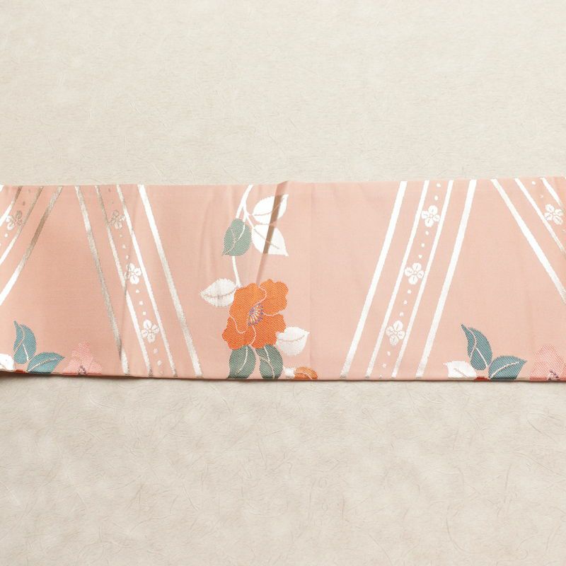 名古屋帯 六通柄 良品 正絹 花柄 名古屋仕立て なごや帯 リサイクル帯 帯 箔 ピンク_画像13