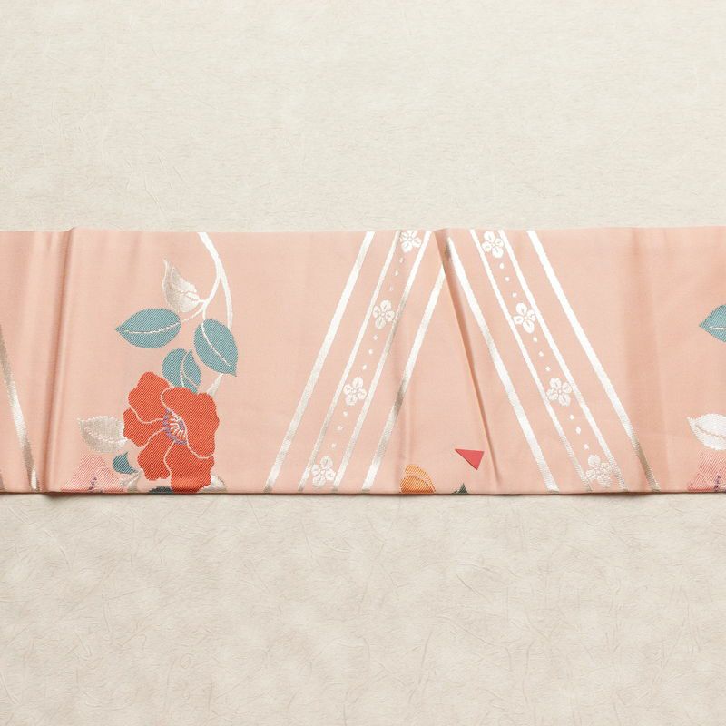 名古屋帯 六通柄 良品 正絹 花柄 名古屋仕立て なごや帯 リサイクル帯 帯 箔 ピンク_画像14