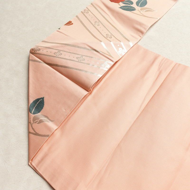 名古屋帯 六通柄 良品 正絹 花柄 名古屋仕立て なごや帯 リサイクル帯 帯 箔 ピンク_画像19