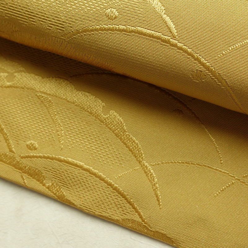 名古屋帯 全通柄 良品 正絹 木の葉・植物柄 通し仕立て なごや帯 リサイクル帯 帯 黄・黄土色_画像7