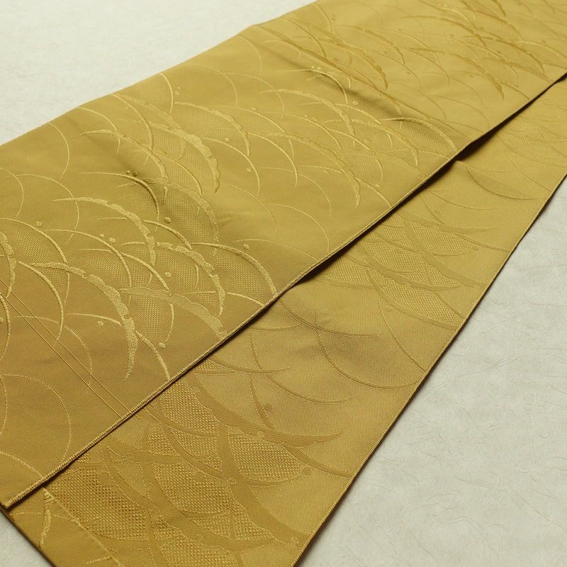 名古屋帯 全通柄 良品 正絹 木の葉・植物柄 通し仕立て なごや帯 リサイクル帯 帯 黄・黄土色_画像8