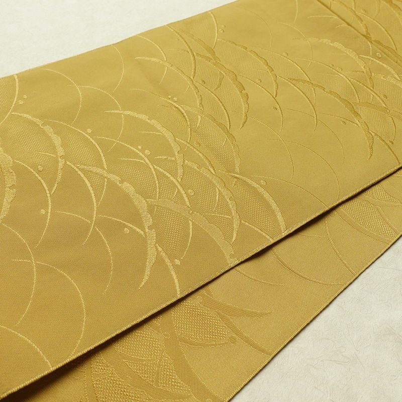 名古屋帯 全通柄 良品 正絹 木の葉・植物柄 通し仕立て なごや帯 リサイクル帯 帯 黄・黄土色_画像11