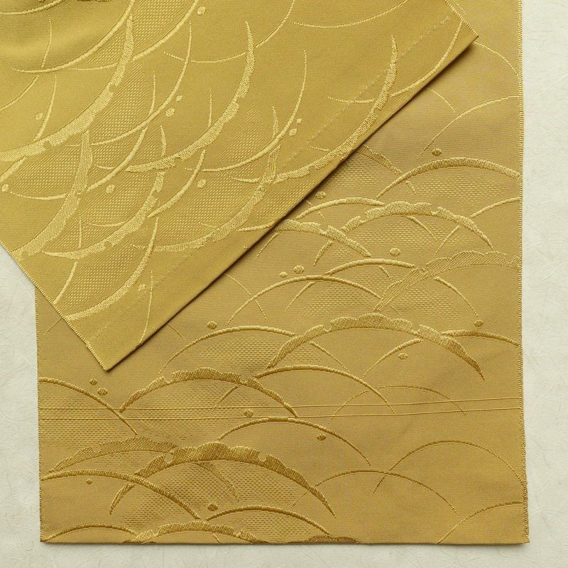 名古屋帯 全通柄 良品 正絹 木の葉・植物柄 通し仕立て なごや帯 リサイクル帯 帯 黄・黄土色_画像13