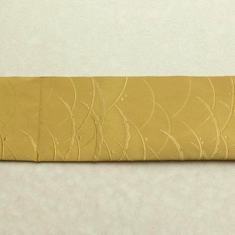 名古屋帯 全通柄 良品 正絹 木の葉・植物柄 通し仕立て なごや帯 リサイクル帯 帯 黄・黄土色_画像14