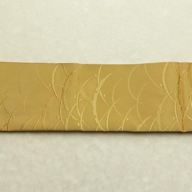 名古屋帯 全通柄 良品 正絹 木の葉・植物柄 通し仕立て なごや帯 リサイクル帯 帯 黄・黄土色_画像15
