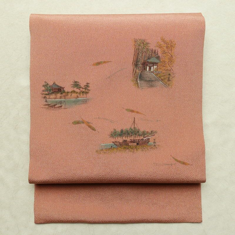 名古屋帯 太鼓柄 良品 縮緬 正絹 風景柄 名古屋仕立て なごや帯 リサイクル帯 帯 シンプル ピンク_画像1