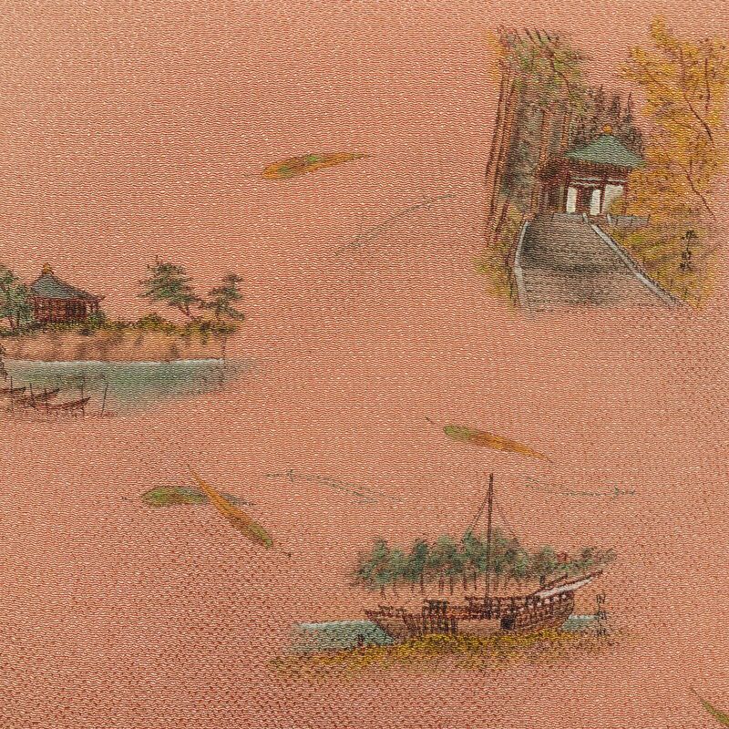 名古屋帯 太鼓柄 良品 縮緬 正絹 風景柄 名古屋仕立て なごや帯 リサイクル帯 帯 シンプル ピンク_画像2