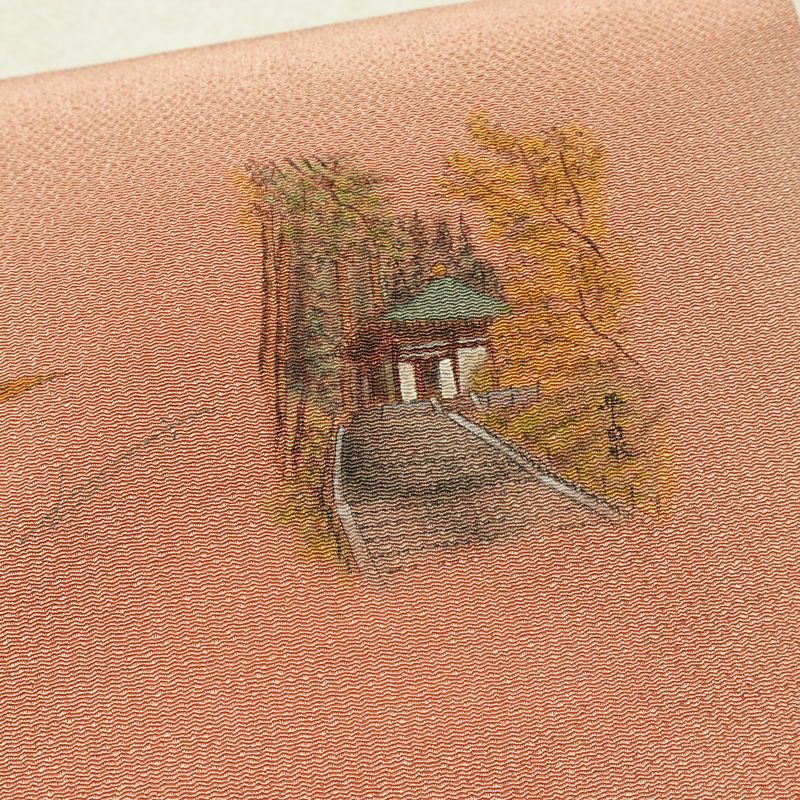 名古屋帯 太鼓柄 良品 縮緬 正絹 風景柄 名古屋仕立て なごや帯 リサイクル帯 帯 シンプル ピンク_画像4