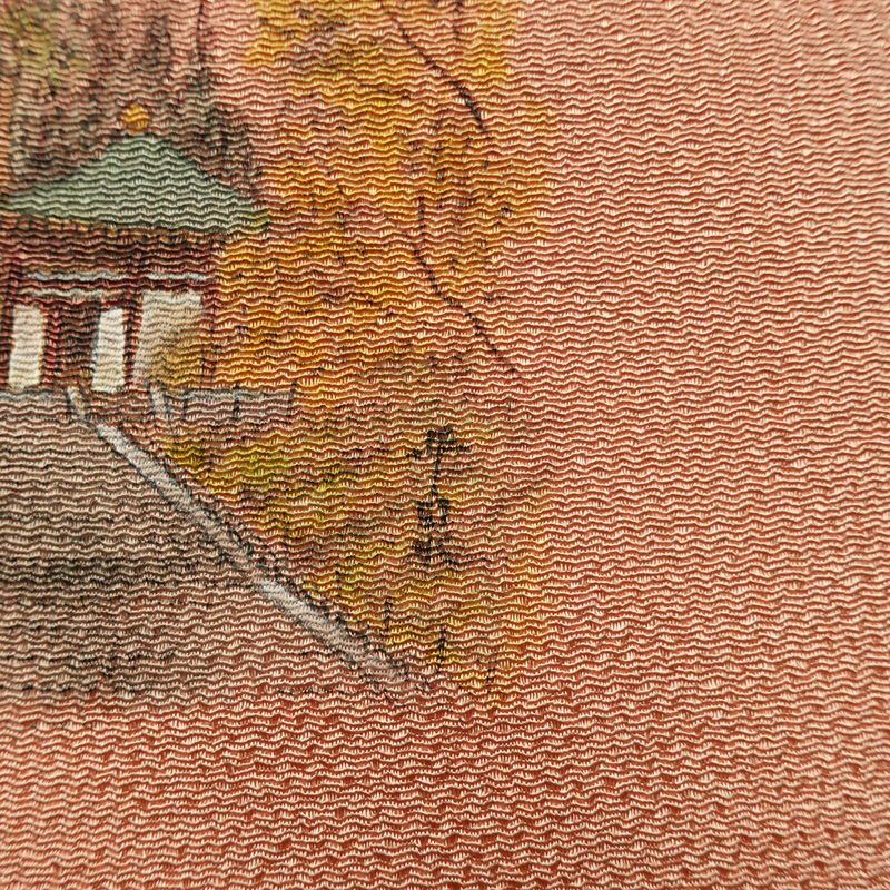 名古屋帯 太鼓柄 良品 縮緬 正絹 風景柄 名古屋仕立て なごや帯 リサイクル帯 帯 シンプル ピンク_画像5