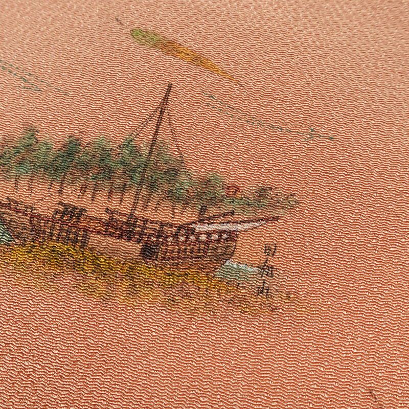 名古屋帯 太鼓柄 良品 縮緬 正絹 風景柄 名古屋仕立て なごや帯 リサイクル帯 帯 シンプル ピンク_画像6