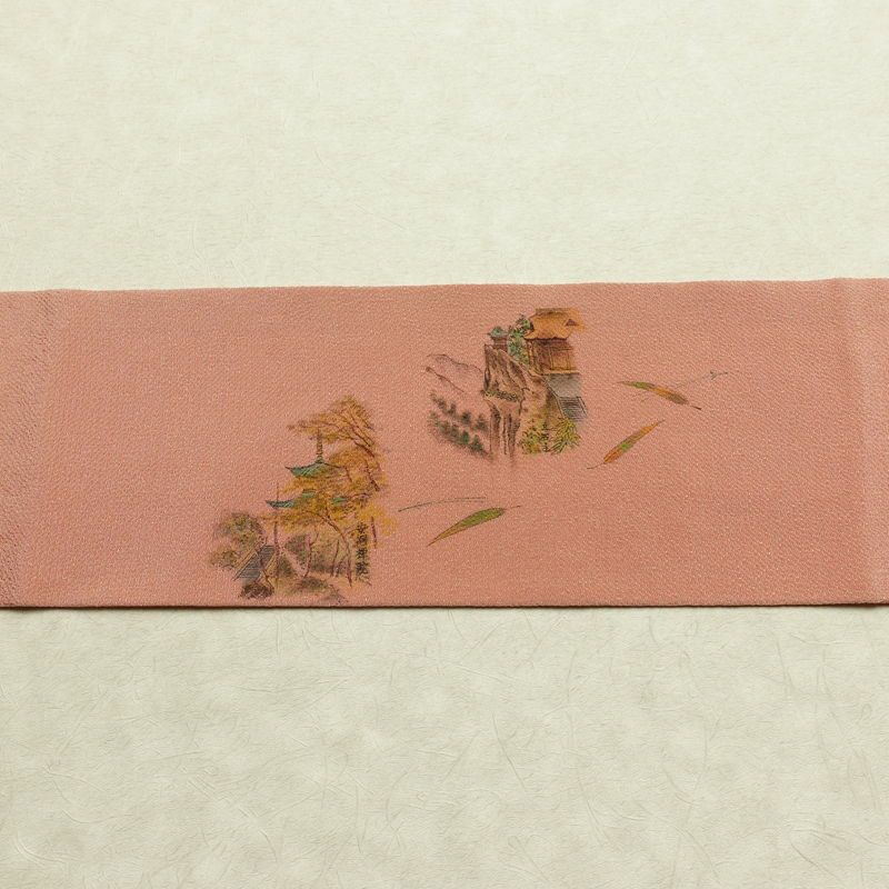 名古屋帯 太鼓柄 良品 縮緬 正絹 風景柄 名古屋仕立て なごや帯 リサイクル帯 帯 シンプル ピンク_画像15