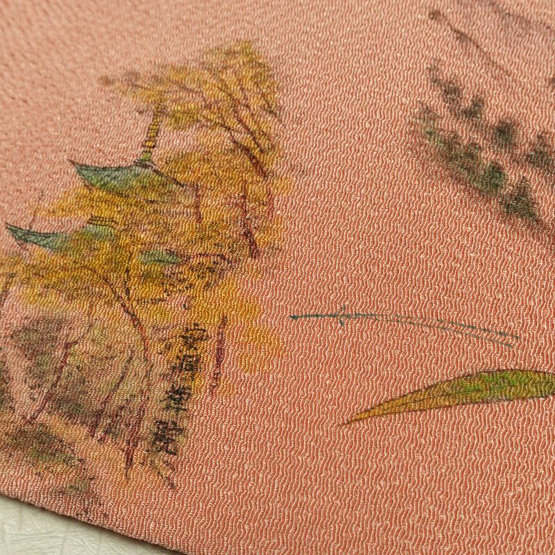 名古屋帯 太鼓柄 良品 縮緬 正絹 風景柄 名古屋仕立て なごや帯 リサイクル帯 帯 シンプル ピンク_画像16