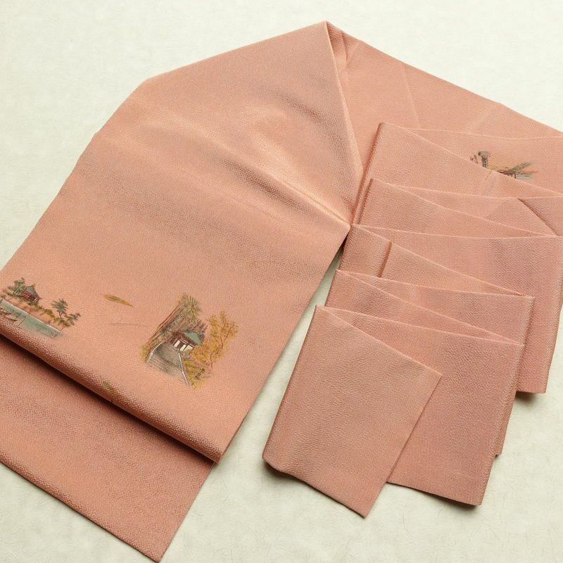 名古屋帯 太鼓柄 良品 縮緬 正絹 風景柄 名古屋仕立て なごや帯 リサイクル帯 帯 シンプル ピンク_画像18