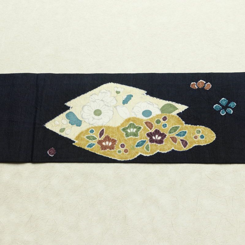 名古屋帯 太鼓柄 良品 絞り 正絹 花柄 名古屋仕立て なごや帯 リサイクル帯 帯 青・紺_画像14