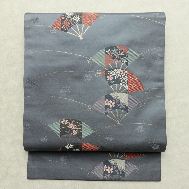 名古屋帯 六通柄 正絹 古典柄 名古屋仕立て なごや帯 リサイクル帯 帯 扇子 青・紺_画像1