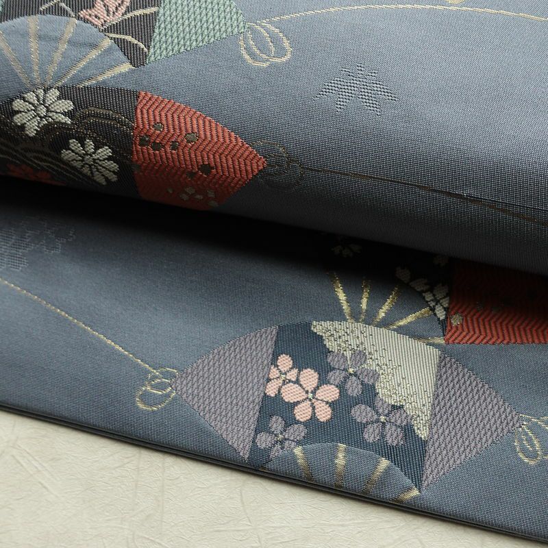 名古屋帯 六通柄 正絹 古典柄 名古屋仕立て なごや帯 リサイクル帯 帯 扇子 青・紺_画像7