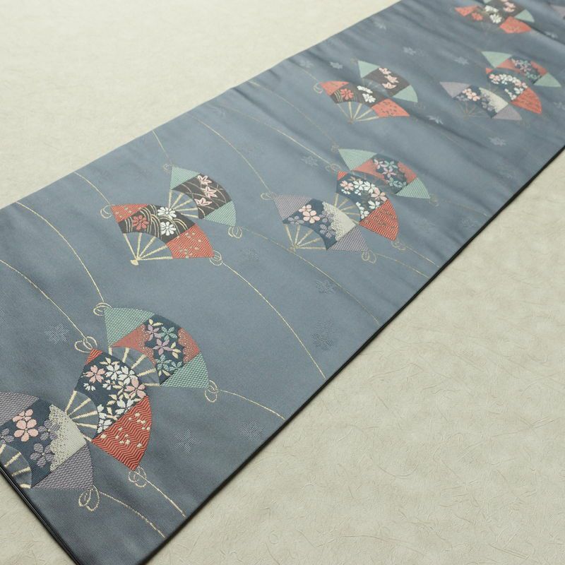 名古屋帯 六通柄 正絹 古典柄 名古屋仕立て なごや帯 リサイクル帯 帯 扇子 青・紺_画像8