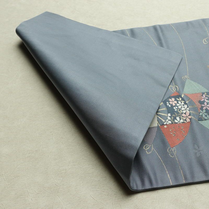 名古屋帯 六通柄 正絹 古典柄 名古屋仕立て なごや帯 リサイクル帯 帯 扇子 青・紺_画像9