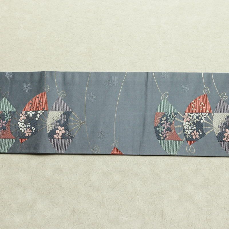 名古屋帯 六通柄 正絹 古典柄 名古屋仕立て なごや帯 リサイクル帯 帯 扇子 青・紺_画像15