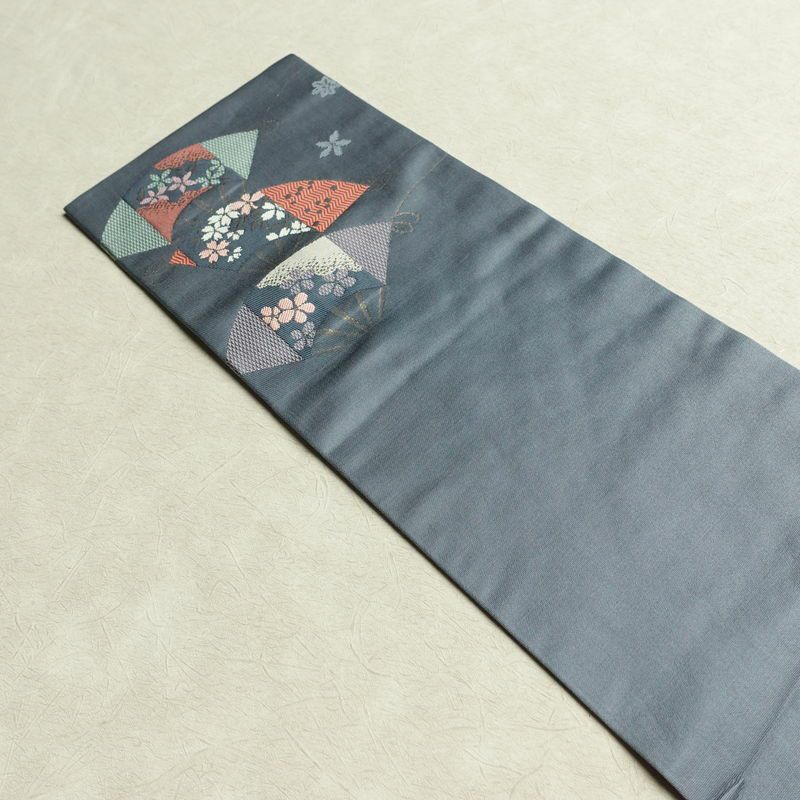 名古屋帯 六通柄 正絹 古典柄 名古屋仕立て なごや帯 リサイクル帯 帯 扇子 青・紺_画像16