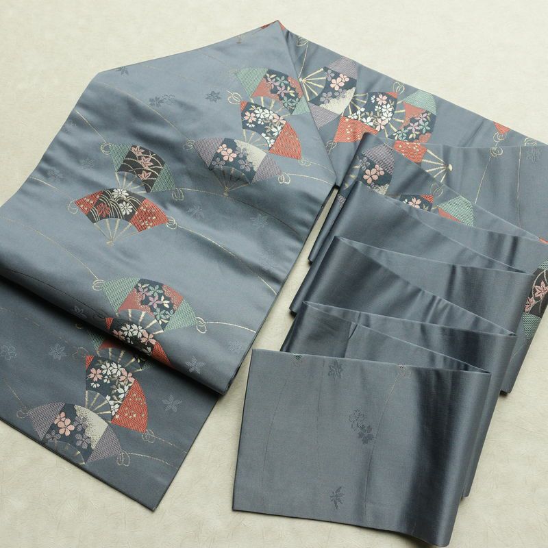 名古屋帯 六通柄 正絹 古典柄 名古屋仕立て なごや帯 リサイクル帯 帯 扇子 青・紺_画像17