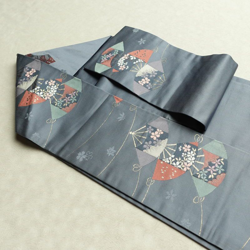 名古屋帯 六通柄 正絹 古典柄 名古屋仕立て なごや帯 リサイクル帯 帯 扇子 青・紺_画像21