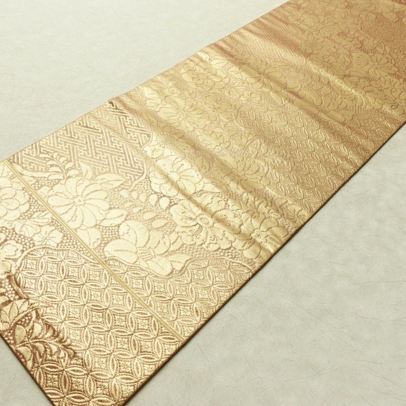 名古屋帯 六通柄 良品 正絹 花柄 名古屋仕立て なごや帯 リサイクル帯 帯 金・銀_画像8