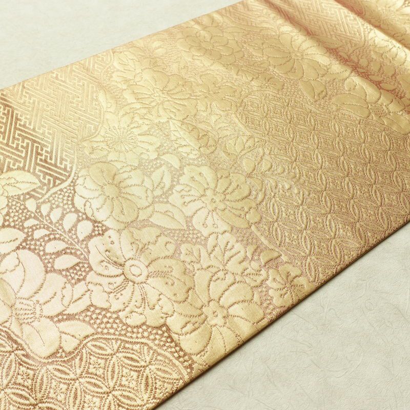 名古屋帯 六通柄 良品 正絹 花柄 名古屋仕立て なごや帯 リサイクル帯 帯 金・銀_画像11