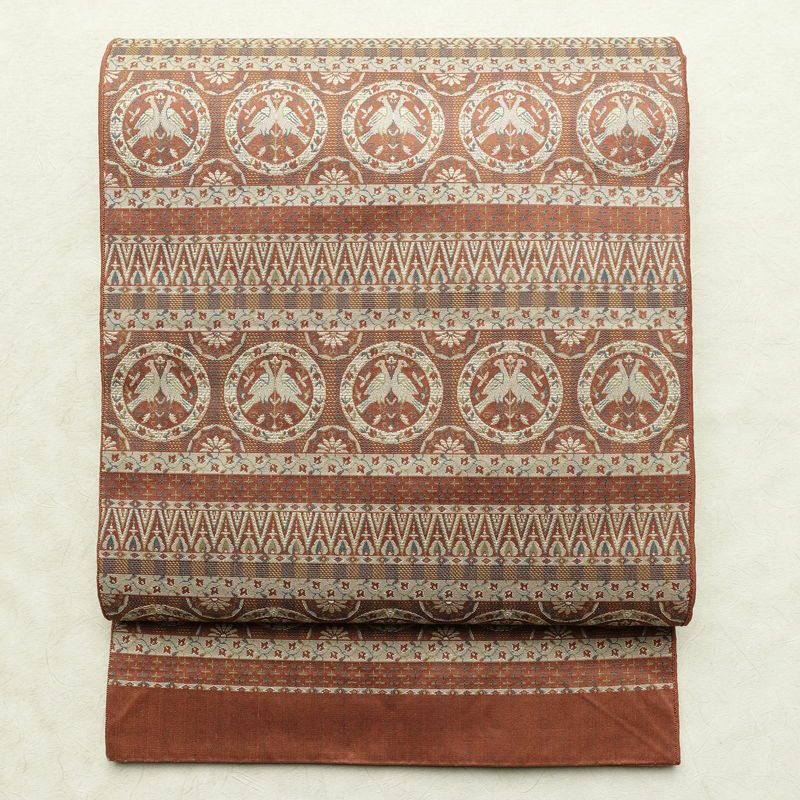 名古屋帯 全通柄 正絹 人物・動物柄 通し仕立て なごや帯 リサイクル帯 帯 茶_画像1