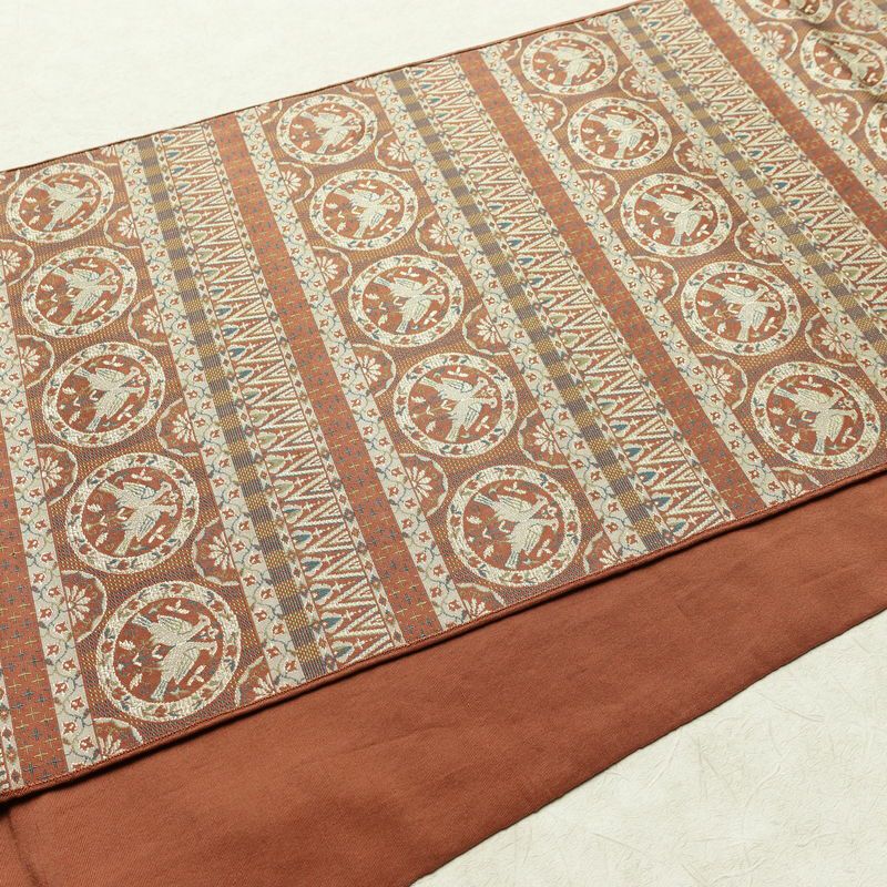 名古屋帯 全通柄 正絹 人物・動物柄 通し仕立て なごや帯 リサイクル帯 帯 茶_画像13