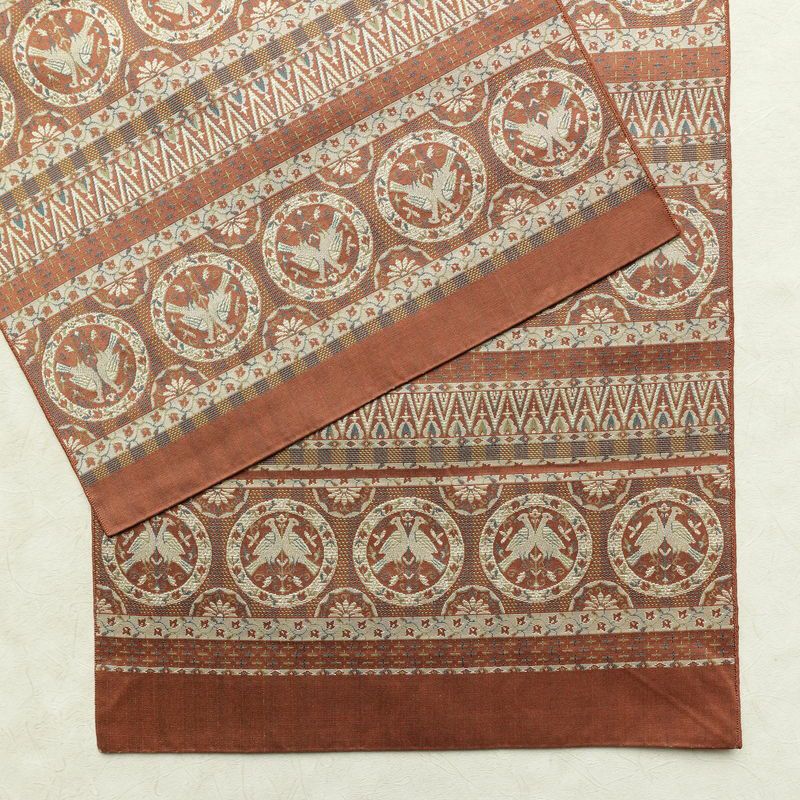 名古屋帯 全通柄 正絹 人物・動物柄 通し仕立て なごや帯 リサイクル帯 帯 茶_画像15