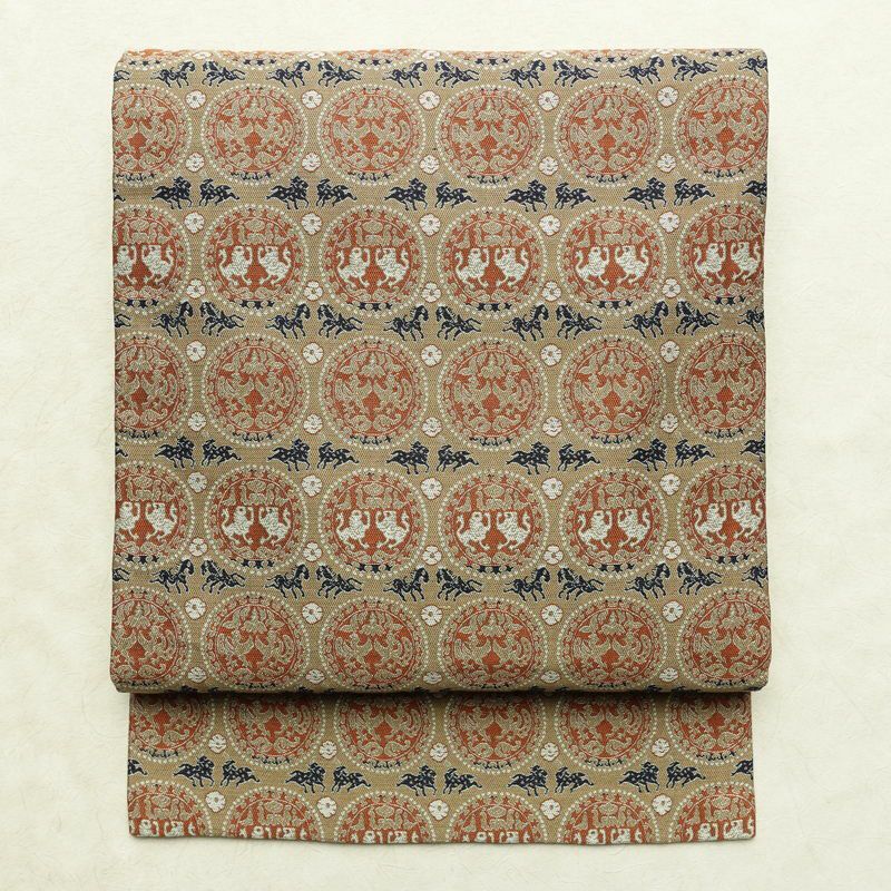 名古屋帯 全通柄 良品 正絹 幾何学柄・抽象柄 名古屋仕立て なごや帯 リサイクル帯 帯 ベージュ_画像1