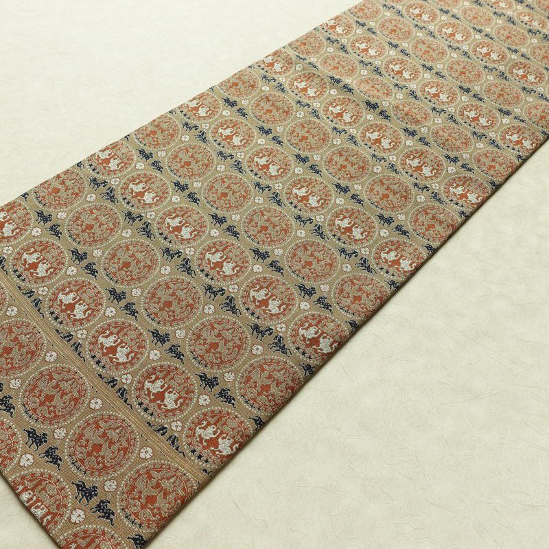 名古屋帯 全通柄 良品 正絹 幾何学柄・抽象柄 名古屋仕立て なごや帯 リサイクル帯 帯 ベージュ_画像8