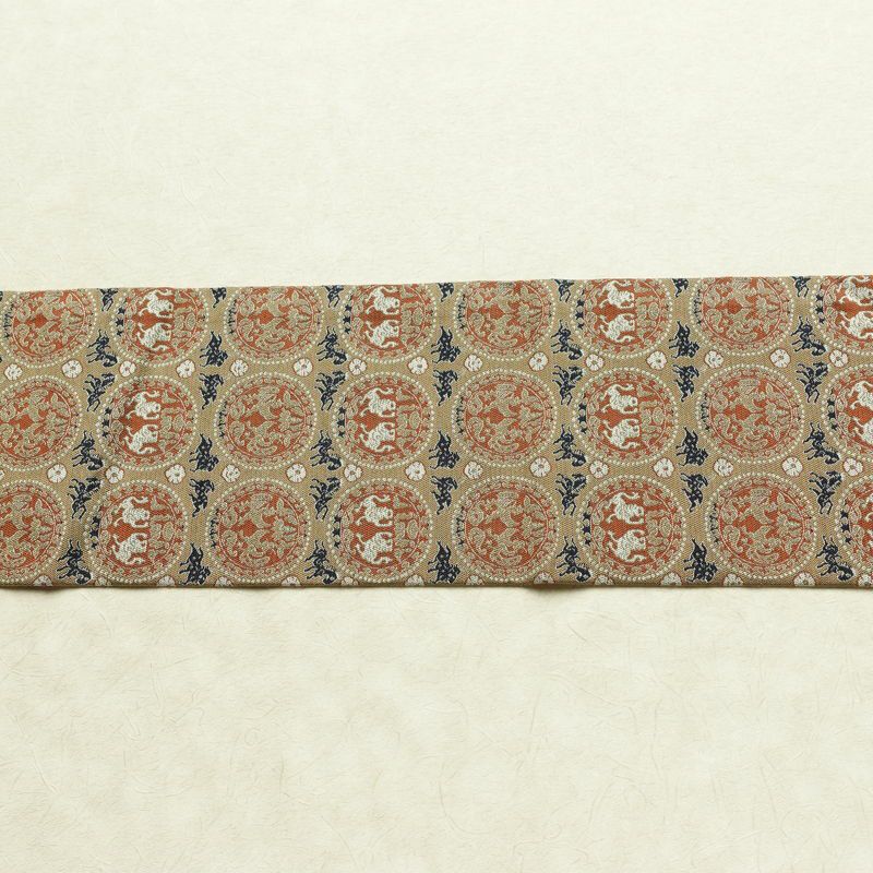 名古屋帯 全通柄 良品 正絹 幾何学柄・抽象柄 名古屋仕立て なごや帯 リサイクル帯 帯 ベージュ_画像13