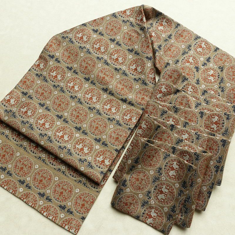 名古屋帯 全通柄 良品 正絹 幾何学柄・抽象柄 名古屋仕立て なごや帯 リサイクル帯 帯 ベージュ_画像16