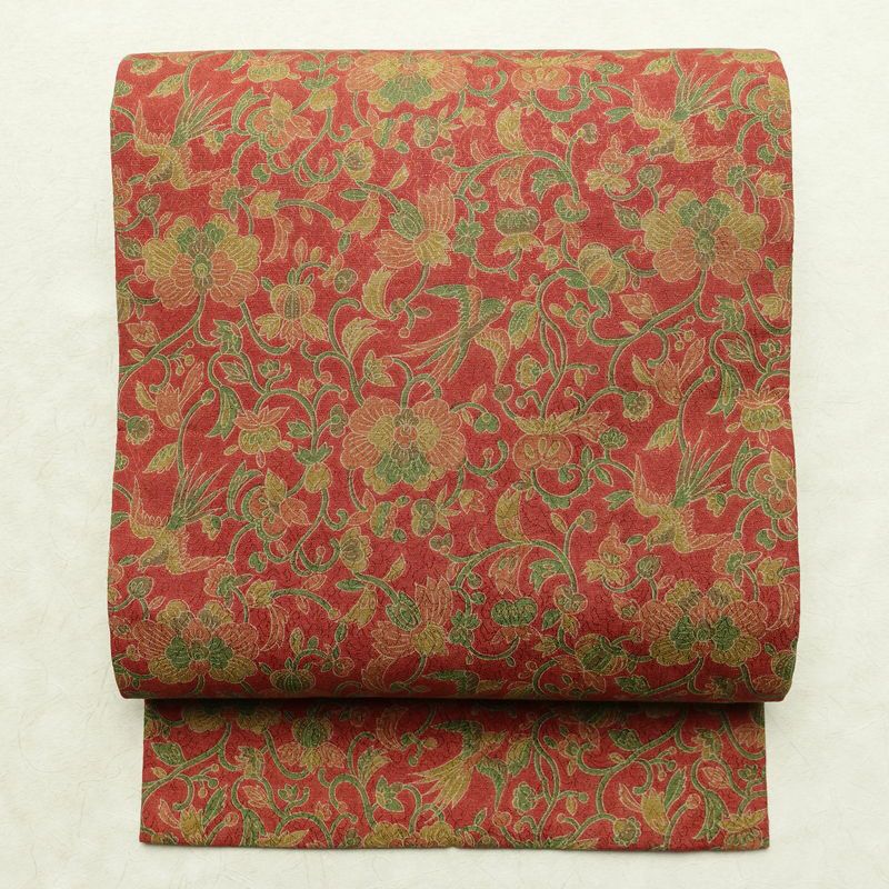 名古屋帯 全通柄 美品 正絹 木の葉・植物柄 名古屋仕立て なごや帯 リサイクル帯 帯 赤・朱_画像1