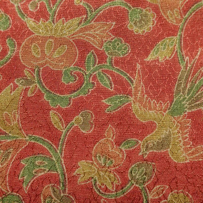 名古屋帯 全通柄 美品 正絹 木の葉・植物柄 名古屋仕立て なごや帯 リサイクル帯 帯 赤・朱_画像3