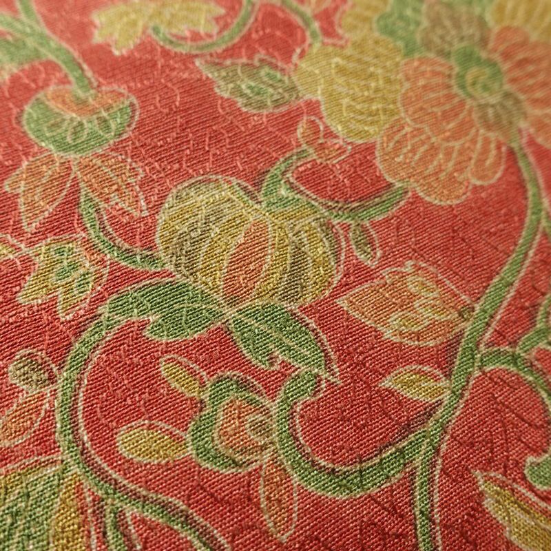 名古屋帯 全通柄 美品 正絹 木の葉・植物柄 名古屋仕立て なごや帯 リサイクル帯 帯 赤・朱_画像5