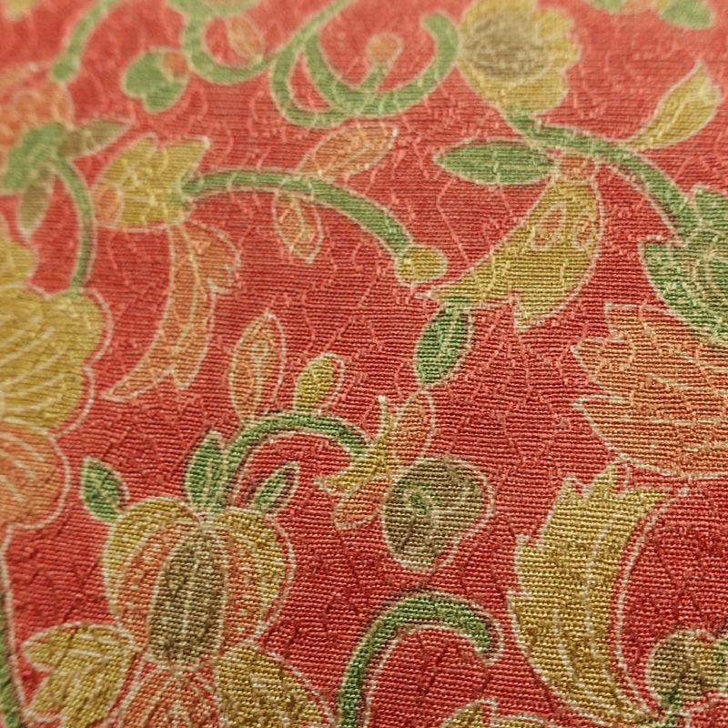 名古屋帯 全通柄 美品 正絹 木の葉・植物柄 名古屋仕立て なごや帯 リサイクル帯 帯 赤・朱_画像6