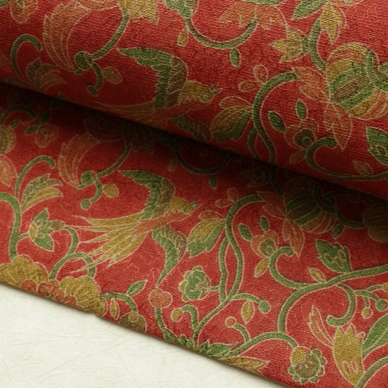 名古屋帯 全通柄 美品 正絹 木の葉・植物柄 名古屋仕立て なごや帯 リサイクル帯 帯 赤・朱_画像7