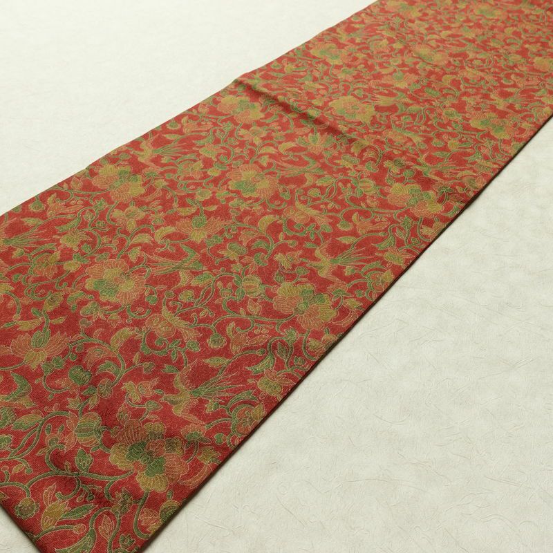名古屋帯 全通柄 美品 正絹 木の葉・植物柄 名古屋仕立て なごや帯 リサイクル帯 帯 赤・朱_画像8