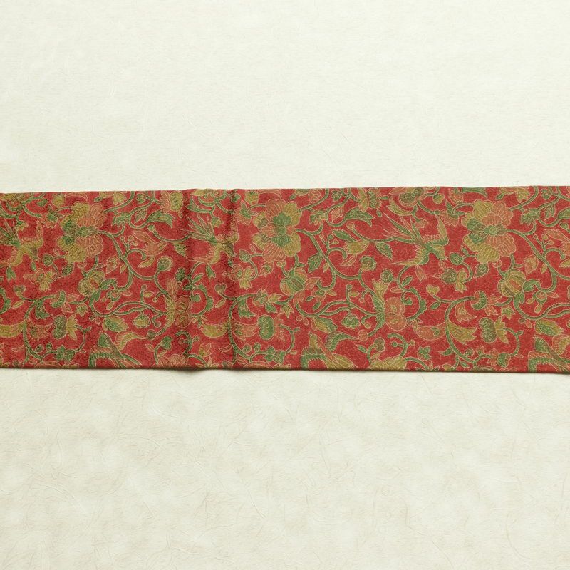 名古屋帯 全通柄 美品 正絹 木の葉・植物柄 名古屋仕立て なごや帯 リサイクル帯 帯 赤・朱_画像14