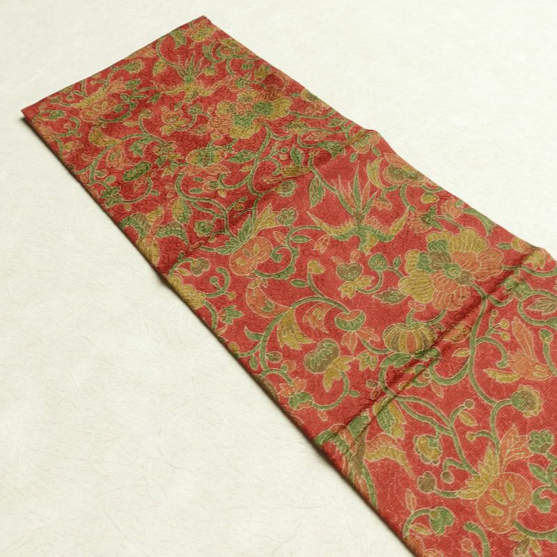 名古屋帯 全通柄 美品 正絹 木の葉・植物柄 名古屋仕立て なごや帯 リサイクル帯 帯 赤・朱_画像15