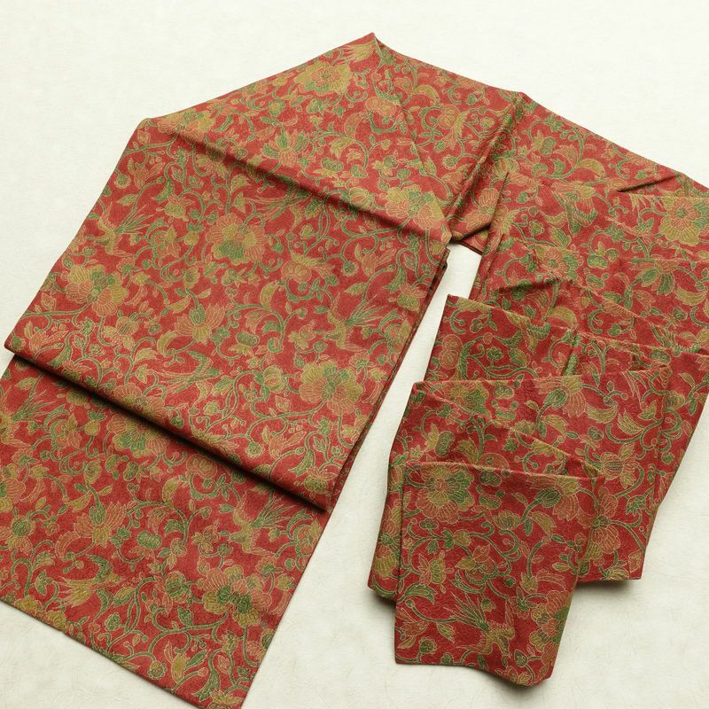 名古屋帯 全通柄 美品 正絹 木の葉・植物柄 名古屋仕立て なごや帯 リサイクル帯 帯 赤・朱_画像16