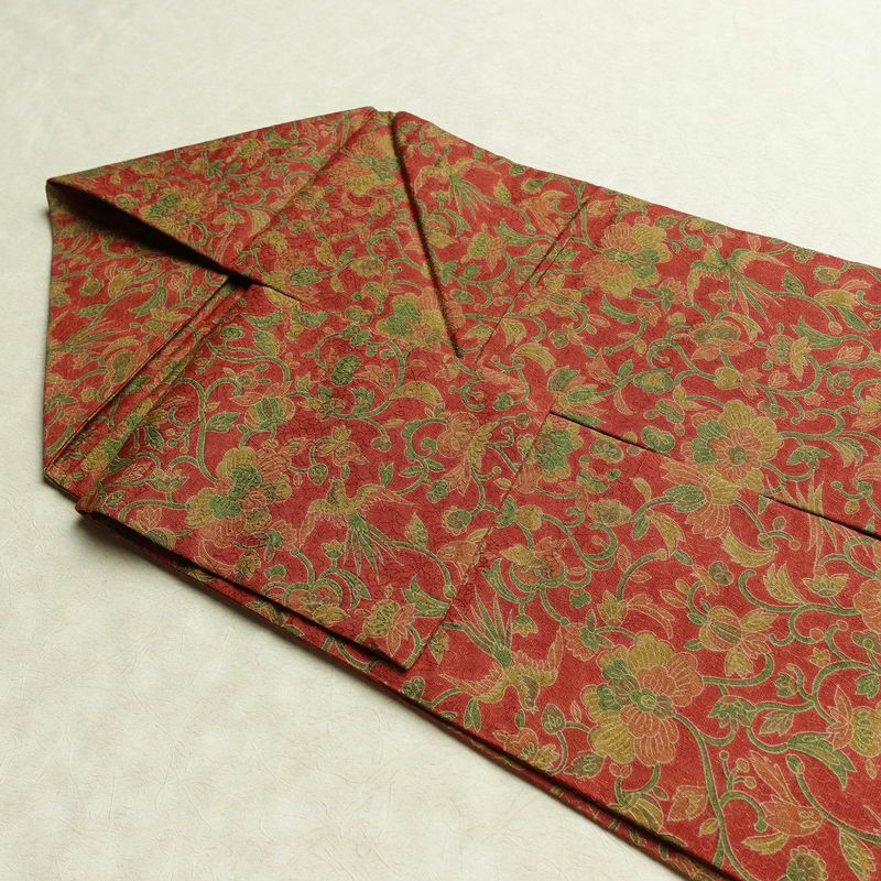 名古屋帯 全通柄 美品 正絹 木の葉・植物柄 名古屋仕立て なごや帯 リサイクル帯 帯 赤・朱_画像20
