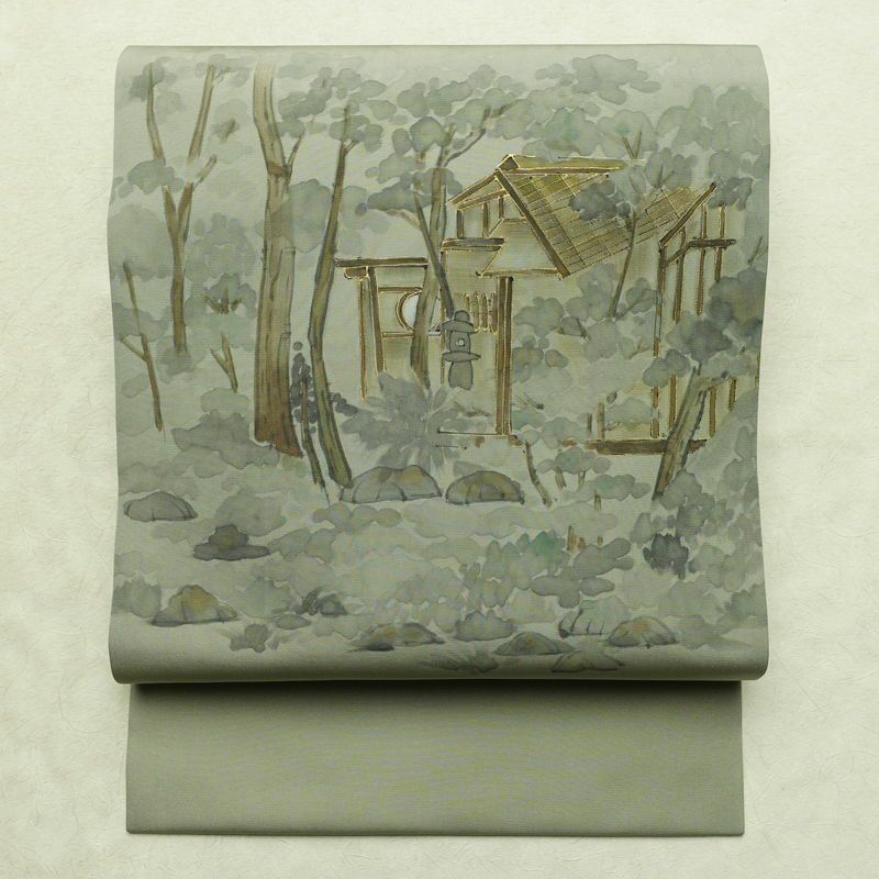 名古屋帯 太鼓柄 正絹 風景柄 名古屋仕立て なごや帯 リサイクル帯 帯 金彩 シンプル 緑・うぐいす色_画像1